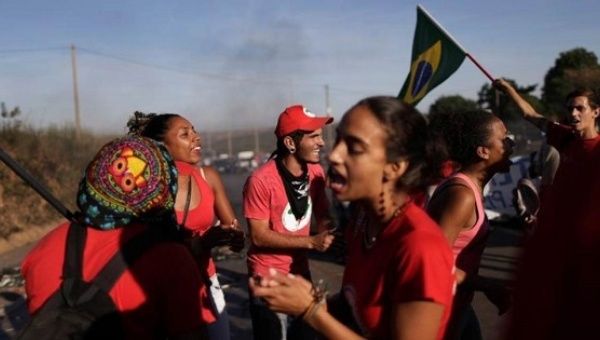 Members of the Landless Workers Movement protest the impeachment of Brazil's President Dilma Rousseff in Brasilia, Brazil, May 10, 2016.