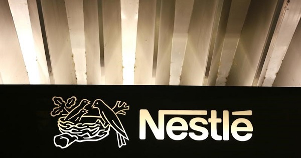 The Nestle logo is pictured on the company headquarters entrance building in Vevey, Switzerland February 18, 2016.