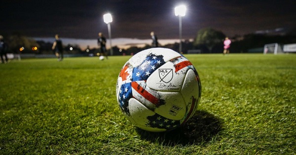 A major league Soccer ball sits on the field prior to a game between the Philadelphia Union and the Montreal Impact at Joe DiMaggio Sports Complex.