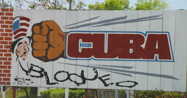A poster protesting the U.S. blockade in Cuba