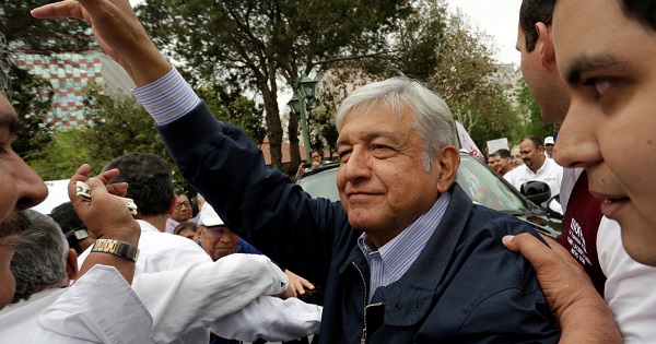 Mexican politician Andres Manuel Lopez Obrador, leader of the Morena party, greets supporters during a meeting at Plaza Zaragoza in Monterrey, Mexico