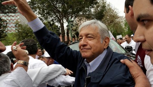 Mexican politician Andres Manuel Lopez Obrador, leader of the Morena party, greets supporters during a meeting at Plaza Zaragoza in Monterrey, Mexico