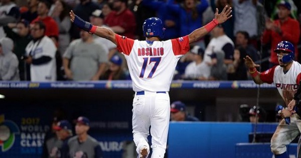 Puerto Rico outfielder Eddie Rosario scores on a United States infielder Nolan Arenado error in the sixth inning during the 2017 World Baseball Classic at Petco Park, Mar 17, 2017.