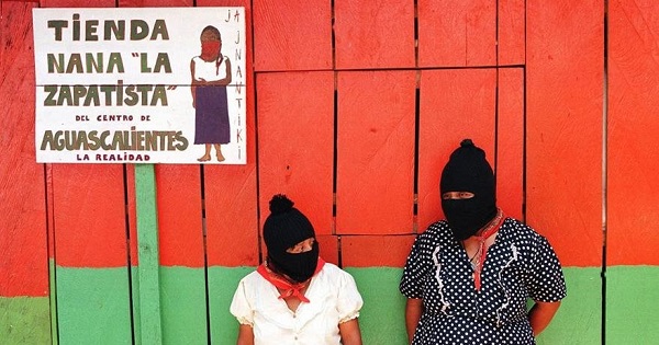 Zapatista women outside of a militant-run store in Chiapas