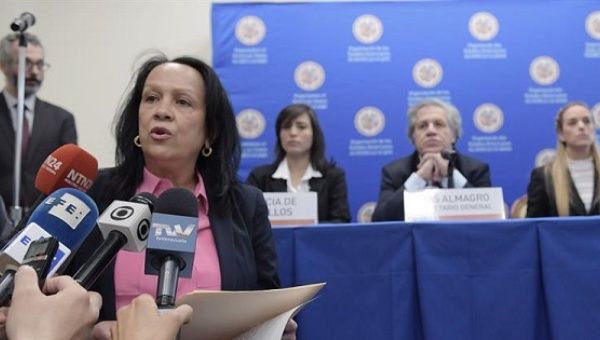 Venezuela's OAS representative Carmen Luisa Velasquez as she interrupts Almagro's press conference.