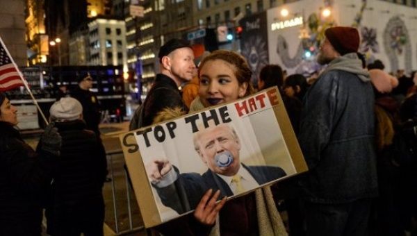 Protesters near Trump Tower in New York City, U.S. Jan. 19, 2017