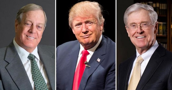 David Koch (L), Donald Trump (C) and Charles Koch (R) are competing to see who can cut off more people from healthcare coverage.