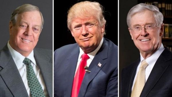 David Koch (L), Donald Trump (C) and Charles Koch (R) are competing to see who can cut off more people from healthcare coverage.