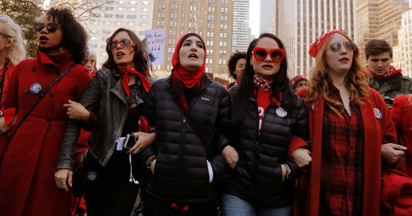 Women's March organizers Linda Sarsour (C), Carmen Perez (2nd R) and Bob Bland (R) during the historic action in Washington, D.C. Jan. 21, 2017