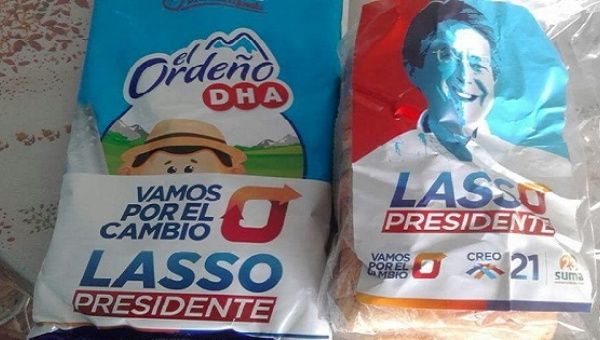 Lasso's campaign has created branded food products ahead of Ecuador's election and allegedly handed them out for free to voters.