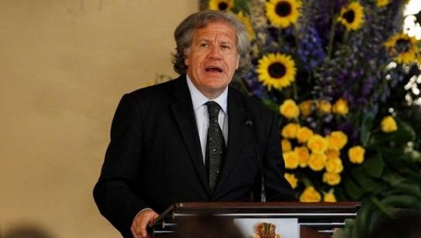 OAS Secretary-General Luis Almagro addresses the audience during an official visit to Honduras, in Tegucigalpa.