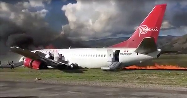 Peruvian Airliner plane on fire after landing.