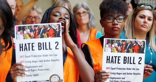 Activists protesting North Carolina’s HB2 “bathroom law” inside the state legislature in Raleigh, North Carolina. May 16, 2016.