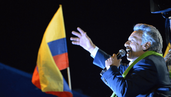 Lenin speaks to supporters in Quito.