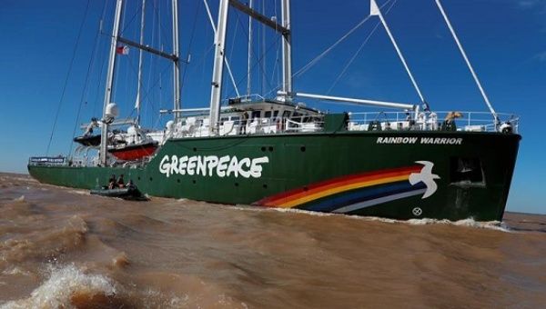 Greenpeace's Rainbow Warrior III, a crowd-funded sailing yacht equipped with technology that reduces its ecological footprint, arrives in Buenos Aires, April 5, 2017.