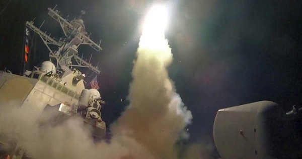 USS Porter launches a Tomahawk  missile in the Mediterranean Sea during Wednesday's attack on Syria. April 6, 2017