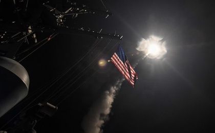 U.S. Navy guided-missile destroyer USS Porter conducts strike operations against Syria while in the Mediterranean Sea.