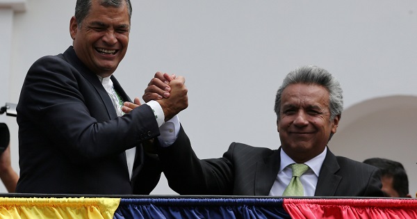 Ecuador's President Rafael Correa greets President-elect Lenin Moreno.