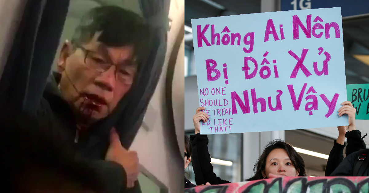 Community member protests the treatment of Dr. David Dao at O'Hare International Airport in Chicago, Illinois, U.S., April 11, 2017.