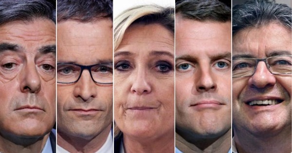 A combination picture shows five candidates for the French 2017 presidential election, from L-R, Francois Fillon, Benoit Hamon, Marine Le Pen, Emmanuel Macron, and Jean-Luc Melenchon.