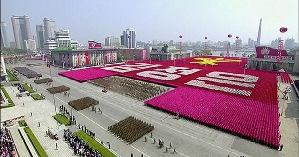 A view of a military parade marking the 105th 'Day of the Sun', the birth anniversary of the state's founder Kim Il Sung, in Pyongyang, North Korea, in this still image taken from video released by North Korea's state-run television KRT on April 15, 2017.