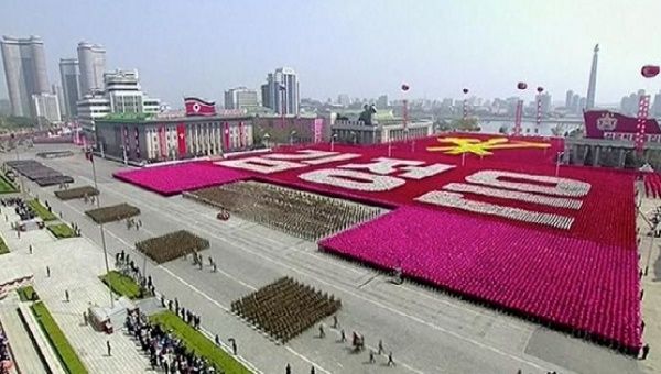 A view of a military parade marking the 105th 'Day of the Sun', the birth anniversary of the state's founder Kim Il Sung, in Pyongyang, North Korea, in this still image taken from video released by North Korea's state-run television KRT on April 15, 2017. 