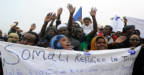 Somali refugees demonstrate at the Choucha refugee camp near the Tunisian border, March 2011.