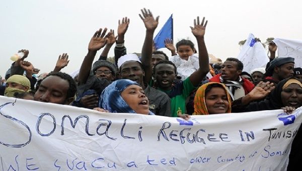 Somali refugees demonstrate at the Choucha refugee camp near the Tunisian border, March 2011.