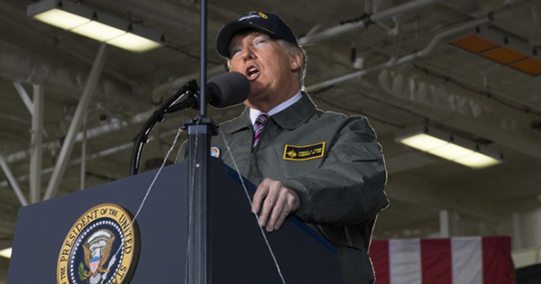 President Donald J. Trump speaks with U.S. Navy sailors in the hangar bay aboard Pre-Commissioning Unit Gerald R. Ford, March 2, 2017.