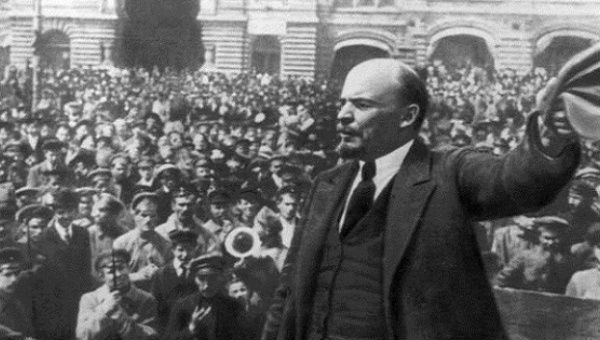 Vladimir Lenin speaks to the crowds after the triumph of the Bolshevik Revolution, October, 1917.