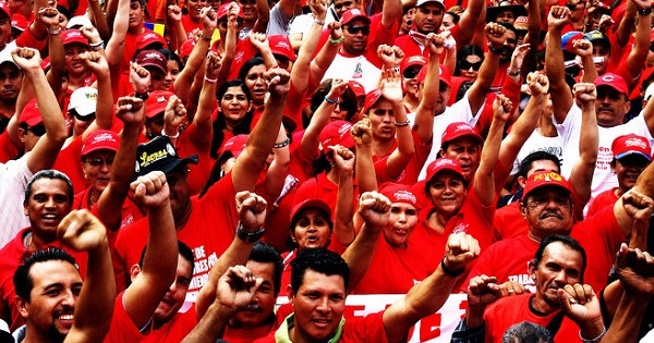 Venezuelan workers protest in solidarity with President Nicolas Maduro and the Bolivarian Revolution.