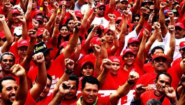 Venezuelan workers protest in solidarity with President Nicolas Maduro and the Bolivarian Revolution.