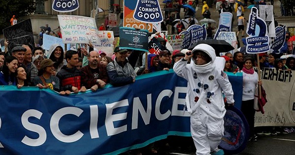 Demonstrators march to the U.S. Capitol during the March for Science in Washington, D.C., April 22, 2017.
