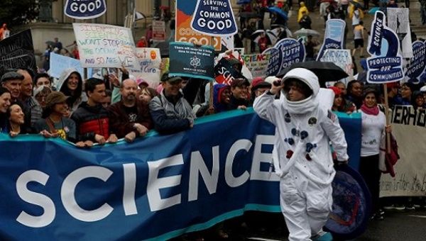 Demonstrators march to the U.S. Capitol during the March for Science in Washington, D.C., April 22, 2017.