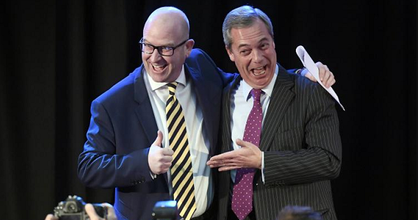 Former U.K. Independence Party leader Nigel Farage (R) and current UKIP leader Paul Nuttall