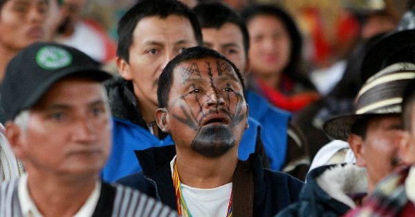Members of the indigenous community of Colombia attend the National Congress of Indigenous People