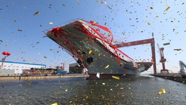 China's second aircraft carrier, first domestically built aircraft carrier, is seen during its launching ceremony in Dalian, China, on April 26, 2017.