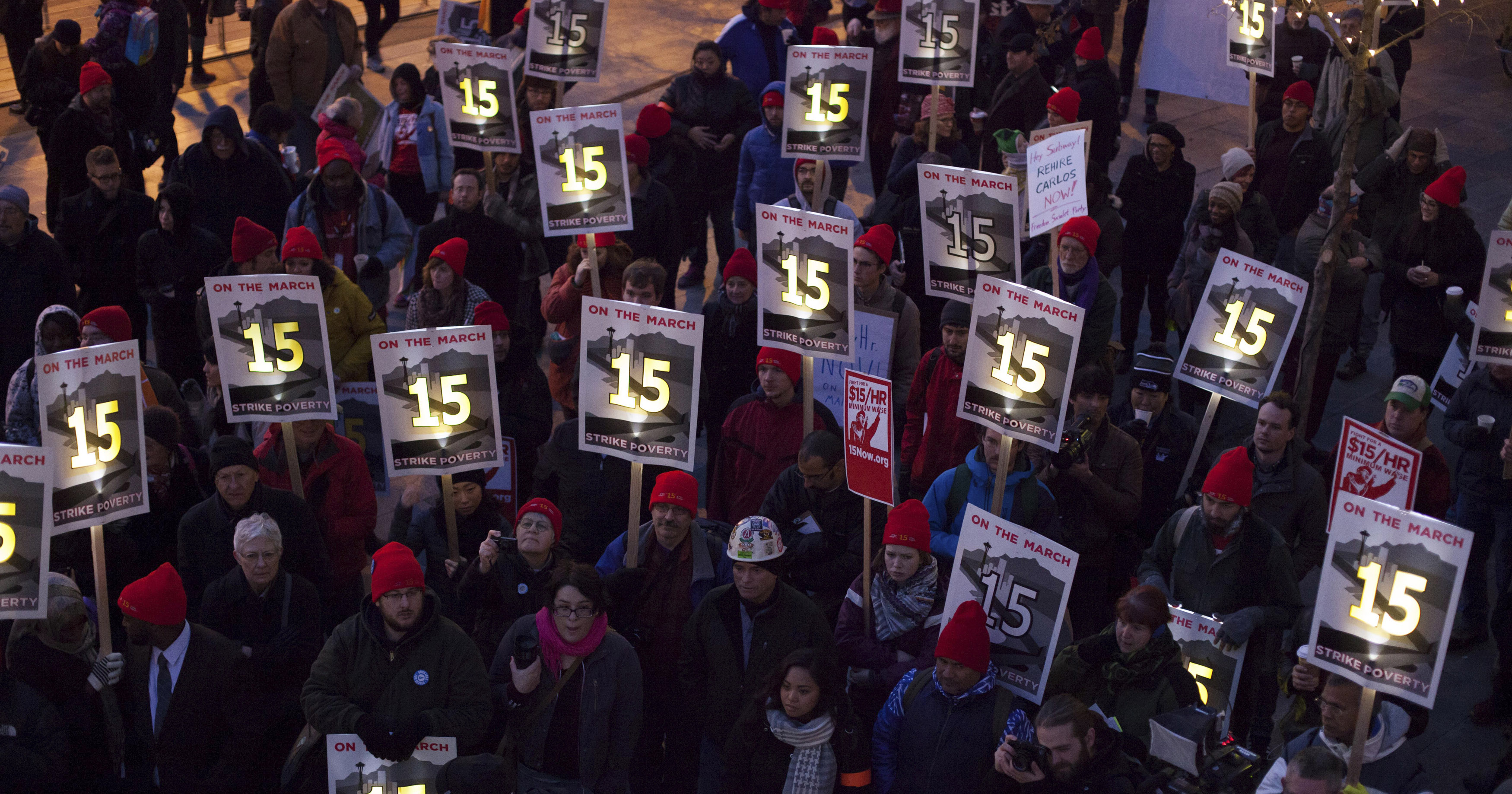 Demonstrators rally to raise the hourly minimum wage to US$15 for fast-food workers.