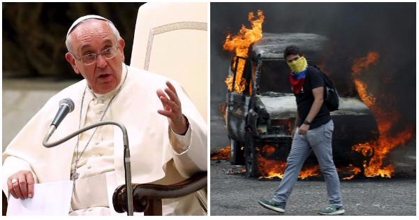 Pope Francis (L) and a Venezuelan opposition protester (R).