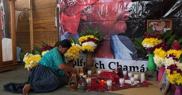 An altar set up the morning before the seventh anniversary of the murder of her husband and former Q'eqchi' Mayan leader Adolfo Ich Chaman