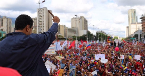 Venezuelan President Nicolas Maduro addresses crowds gathered for Workers' Day on May 1, 2017.