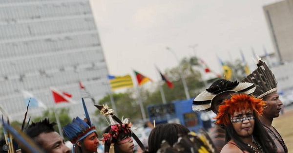 Gamela Indians to the Brazilian Congress during a demonstration to discuss issues of land demarcation and Indigenous rights with authorities in Brasilia.