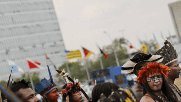 Gamela Indians to the Brazilian Congress during a demonstration to discuss issues of land demarcation and Indigenous rights with authorities in Brasilia. 