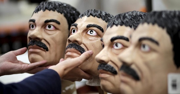 El Chapo masks on display at Grupo Rev in the Mexican city of Cuernavaca near Mexico City, Oct. 14, 2015.