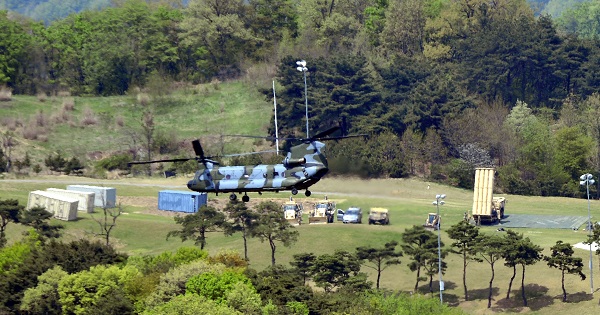 A Terminal High Altitude Area Defense interceptor (R) is seen in Seongju, South Korea, on April 26, 2017.