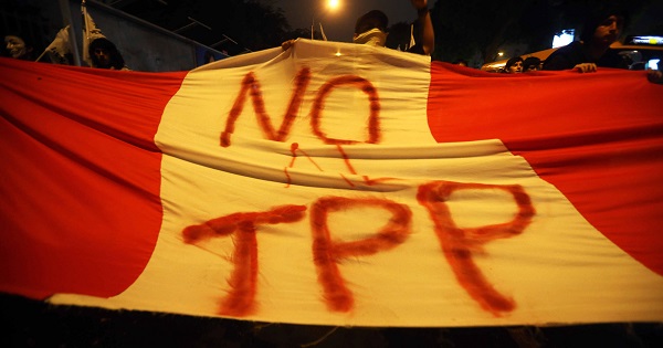 Demonstrators against the Transpacific Economic Cooperation Agreement in Lima, Peru, on January 8, 2016.