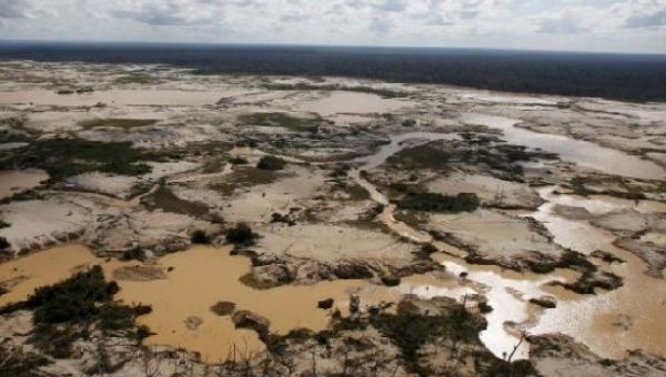 An area deforested by illegal gold mining is seen in a zone known as Mega 14, in the southern Amazon region of Madre de Dios. 