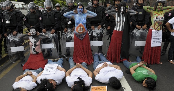 Feminist activists demonstrate in favor of decriminalizing abortion in El Salvador, Sept. 28, 2011.