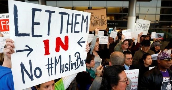 People protest Donald Trump’s travel ban from Muslim majority countries at the International terminal at Los Angeles International Airport.