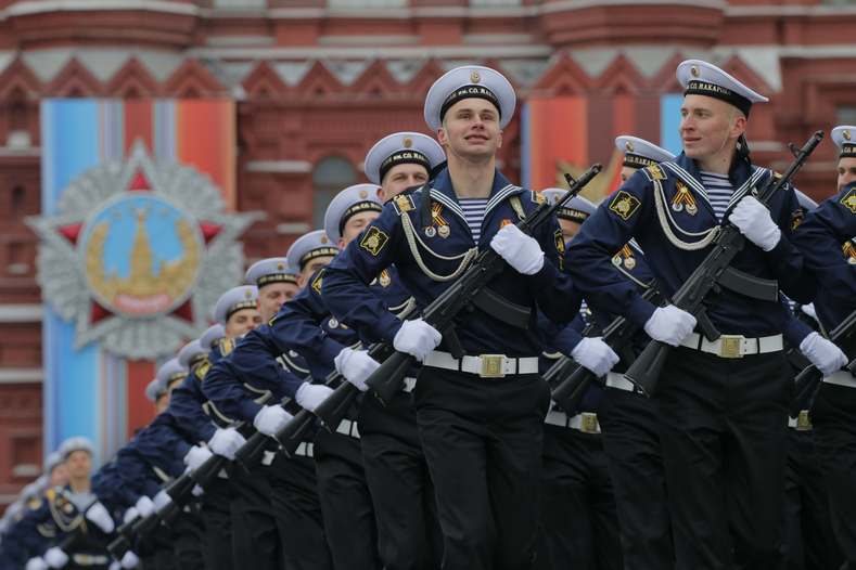 Russian Navy cadets march during the Victory Day military parade marking the World War II anniversary, at Red Square in Moscow.